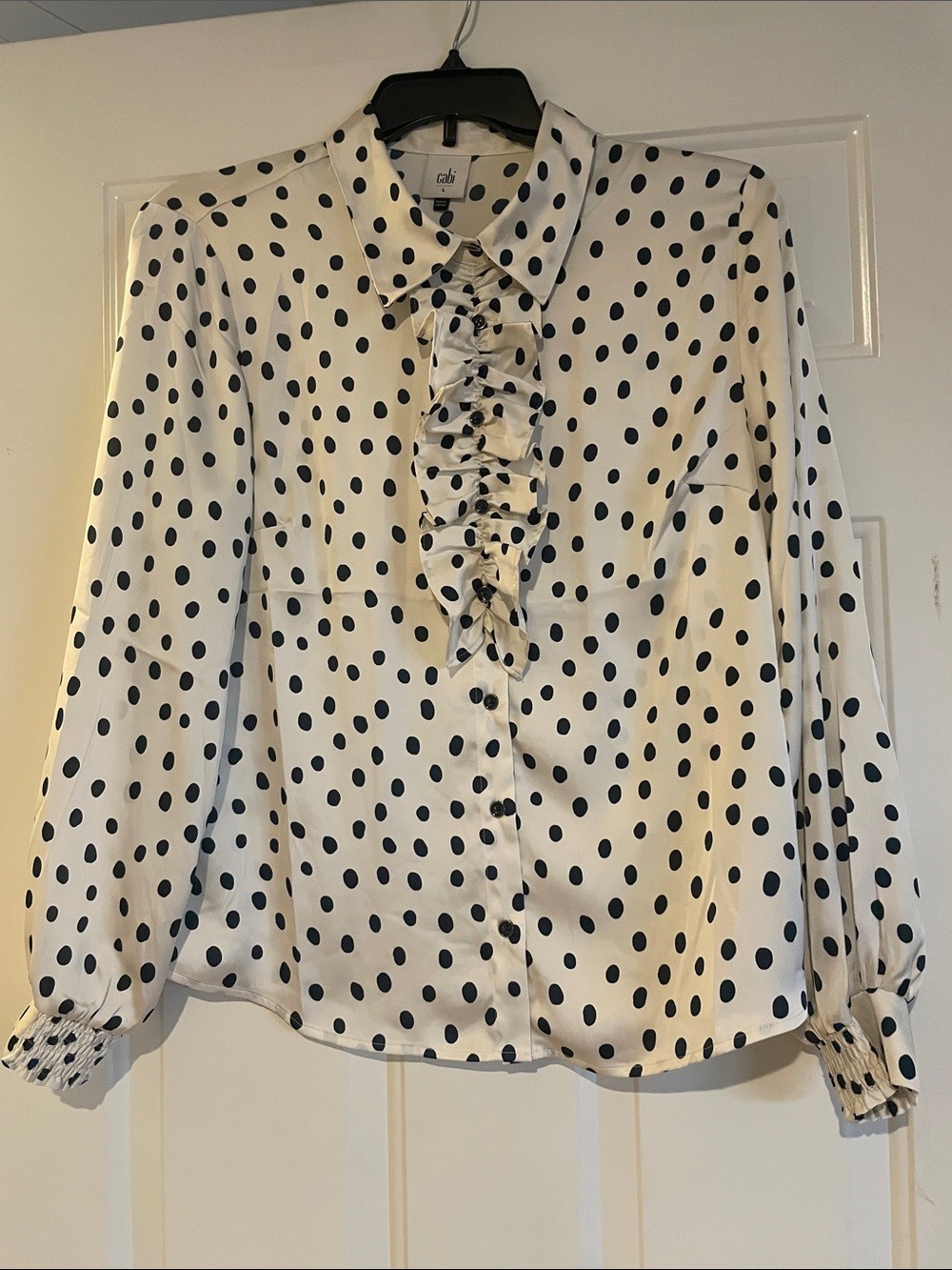 CAbi White Blouse with Black Polka Dots and Ruffle Front